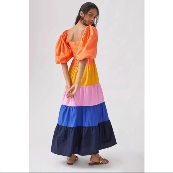 ANTHROPOLOGIE Farm Rio Tiered Colorblocked Maxi Dress XXS Petite Maximalist Boho - Picture 2 of 16